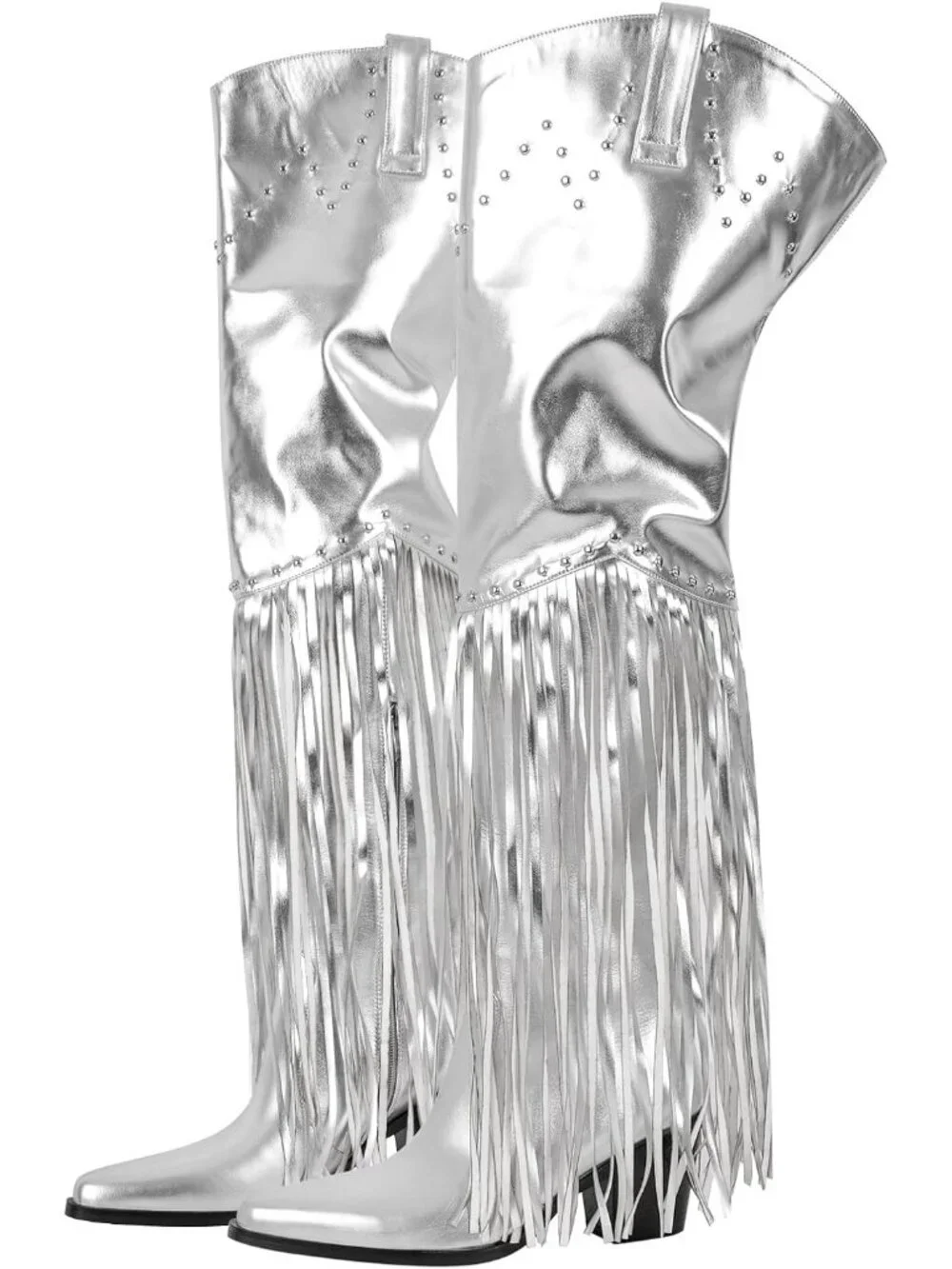 Women's Silver Pointed Toe Fringe Wide Calf Cowgirl Over The Knee High Boots